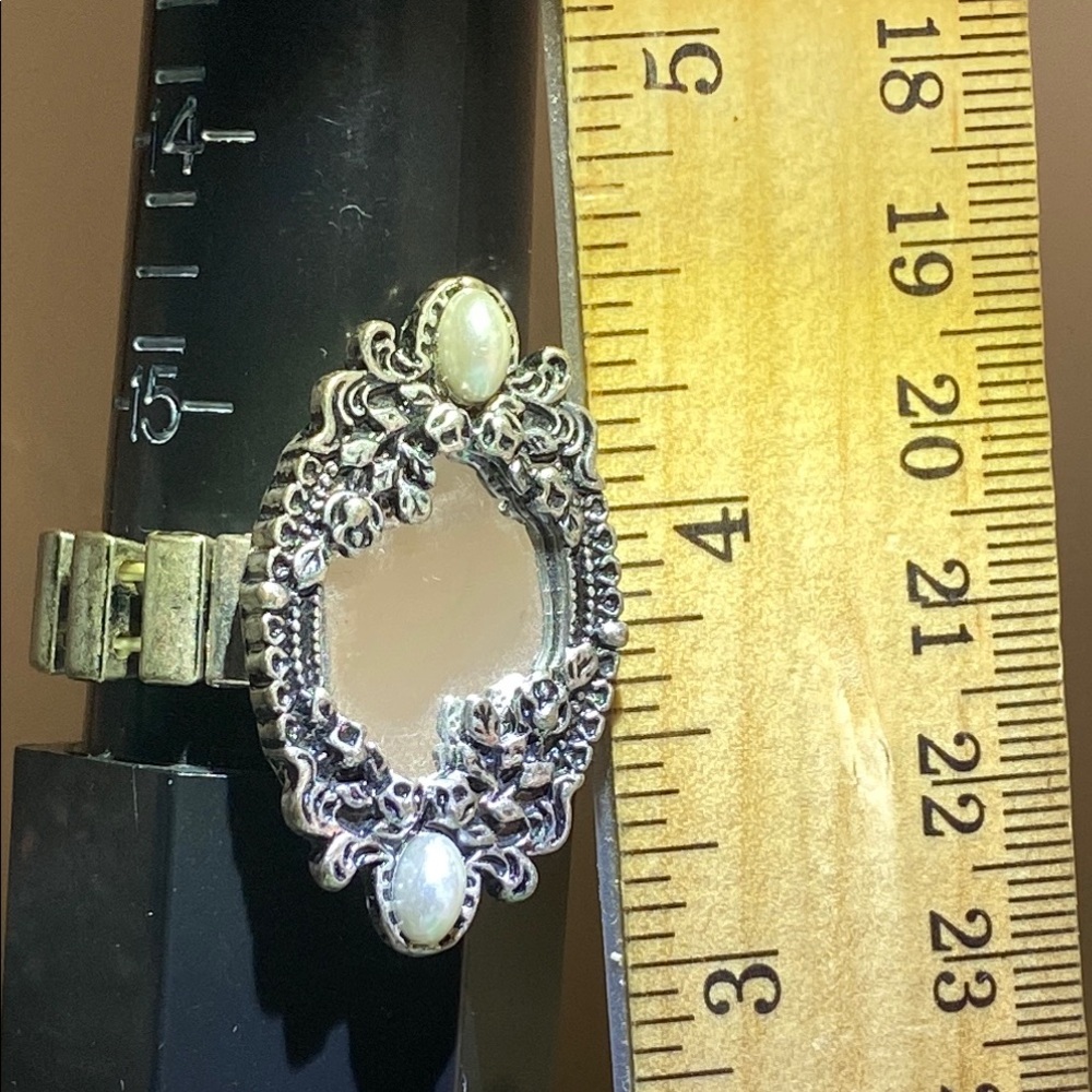 Vintage Mirrored Ornate Silver Ring w/ Pearl Floral Accents adjustable size 15